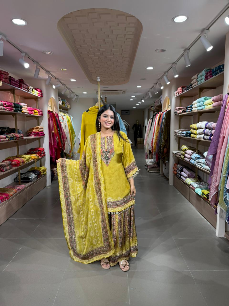 Mustard Yellow Printed Kurta Set with Dupatta & Sharara for Women