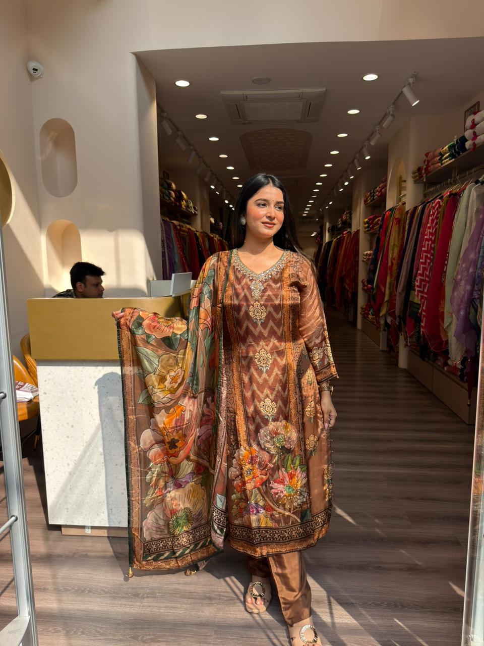 Elegant Brown Floral Printed Kurta Set with Designer Dupatta for Women