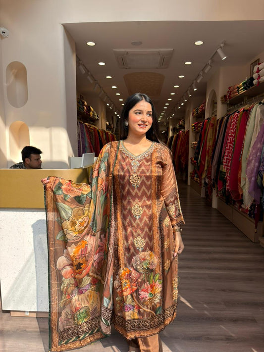 Elegant Brown Floral Printed Kurta Set with Designer Dupatta for Women