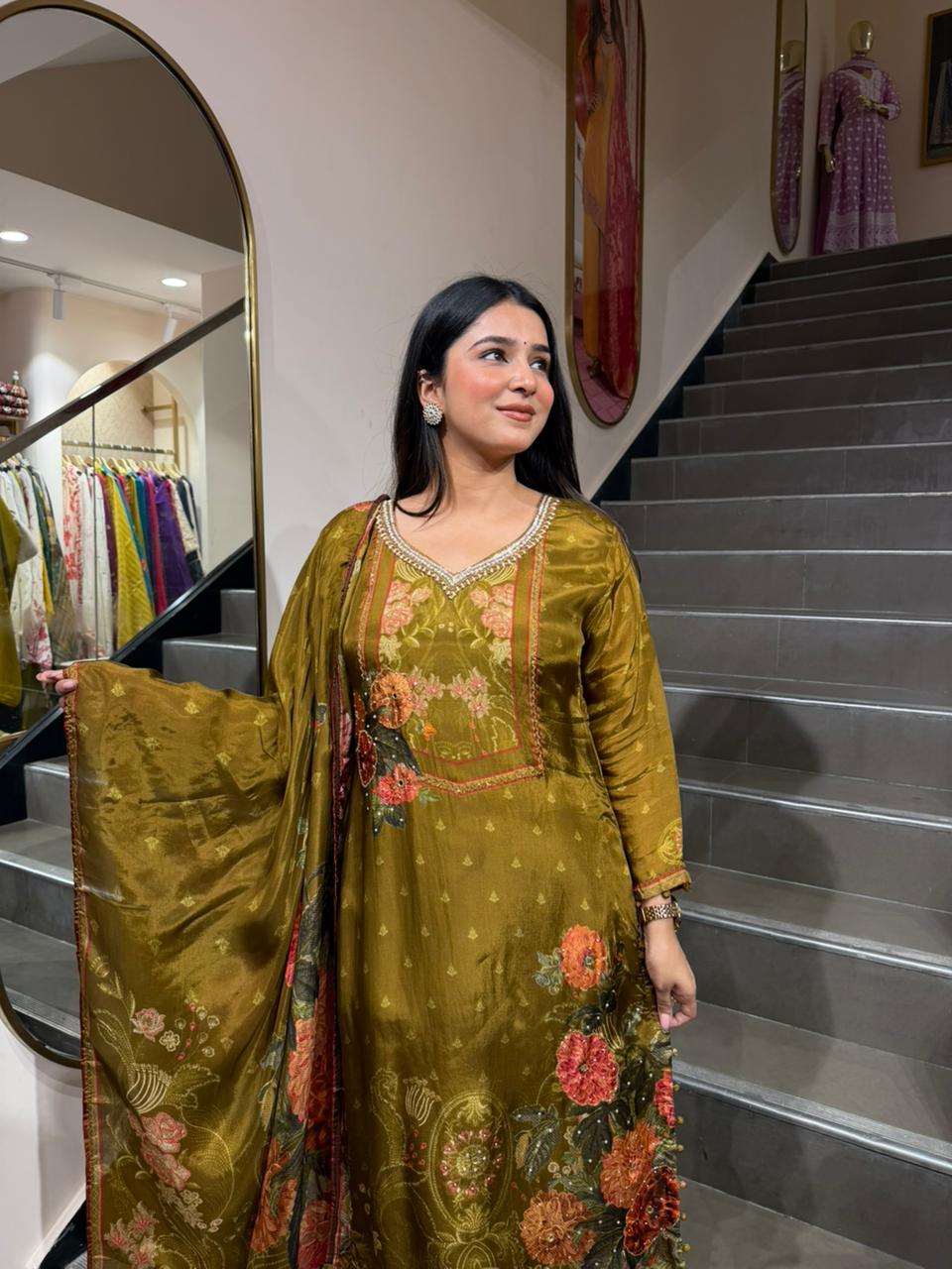 Olive Green Printed Kurta Set with Dupatta – Elegant Floral Ethnic Wear for Women