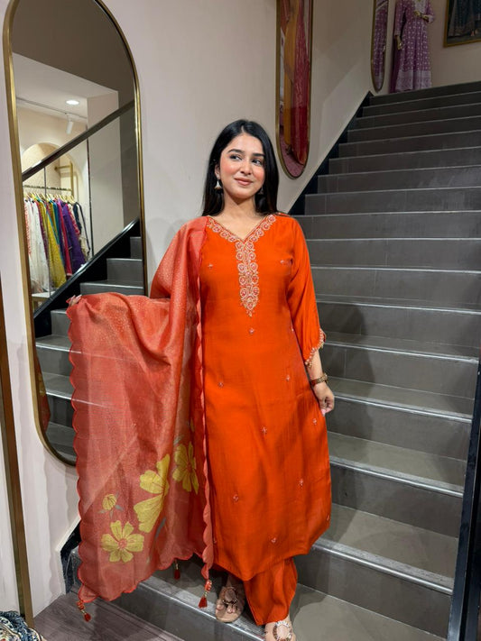 Burnt Orange Embroidered Kurta Set with Dupatta – Elegant Festive Wear for Women