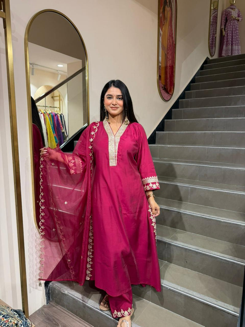 Royal Magenta Embroidered Kurta Set with Sheer Dupatta – Elegant Festive Wear for Women
