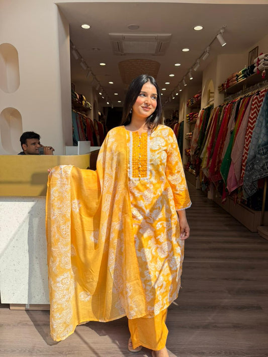 Sunshine Yellow Printed Kurta Set with Dupatta – Elegant Ethnic Wear for Women