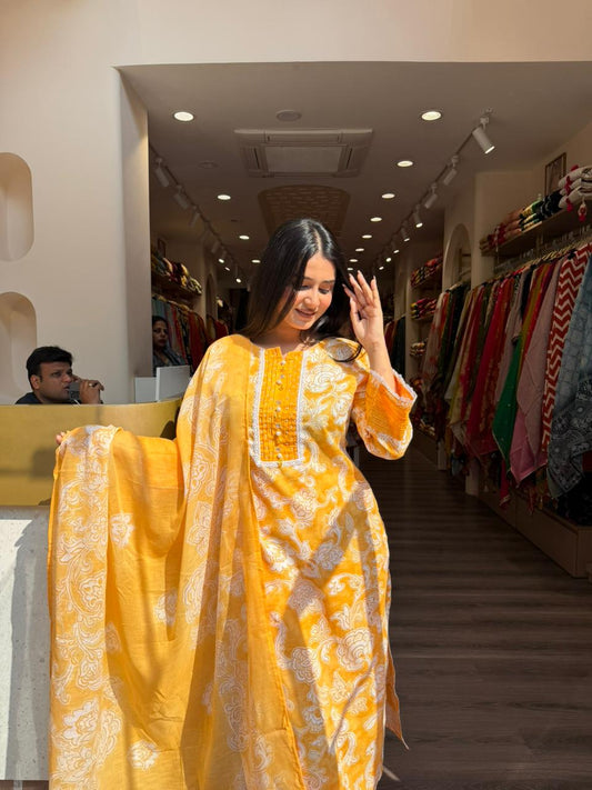 Sunshine Yellow Printed Kurta Set with Dupatta – Elegant Ethnic Wear for Women