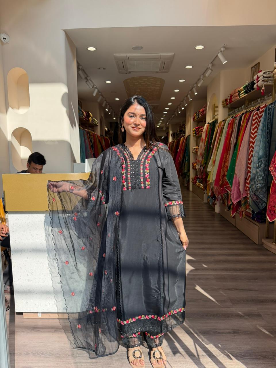 Elegant Black Embroidered Kurta Set with Sheer Dupatta – Festive & Ethnic Wear for Women