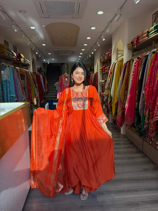 Vibrant Orange Embroidered Kurta Set with Dupatta – Traditional Festive Wear for Women