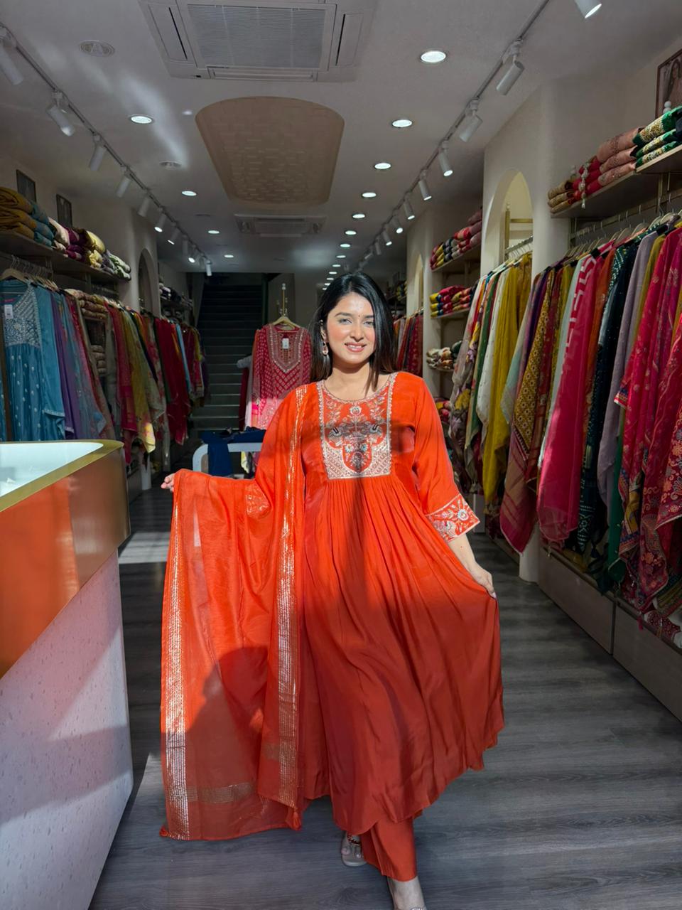 Vibrant Orange Embroidered Kurta Set with Dupatta – Traditional Festive Wear for Women