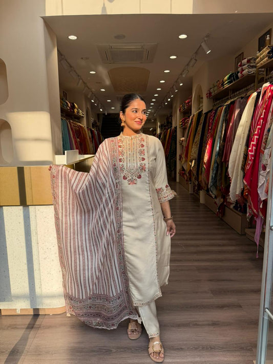 Beige Embroidered Kurta Set with Striped Dupatta – Elegant Ethnic Wear for Women