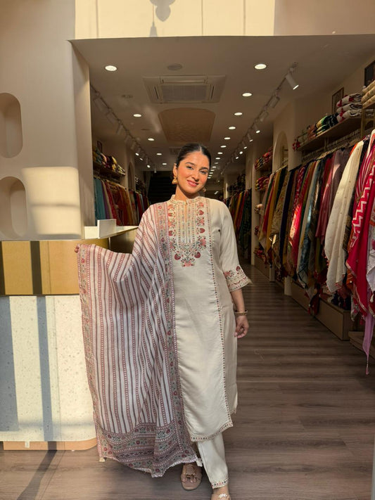 Beige Embroidered Kurta Set with Striped Dupatta – Elegant Ethnic Wear for Women