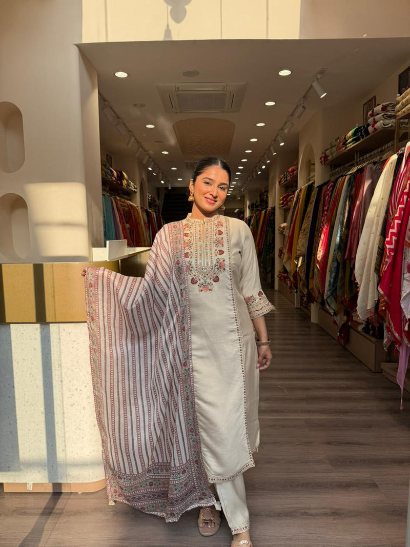 Beige Embroidered Kurta Set with Striped Dupatta – Elegant Ethnic Wear for Women