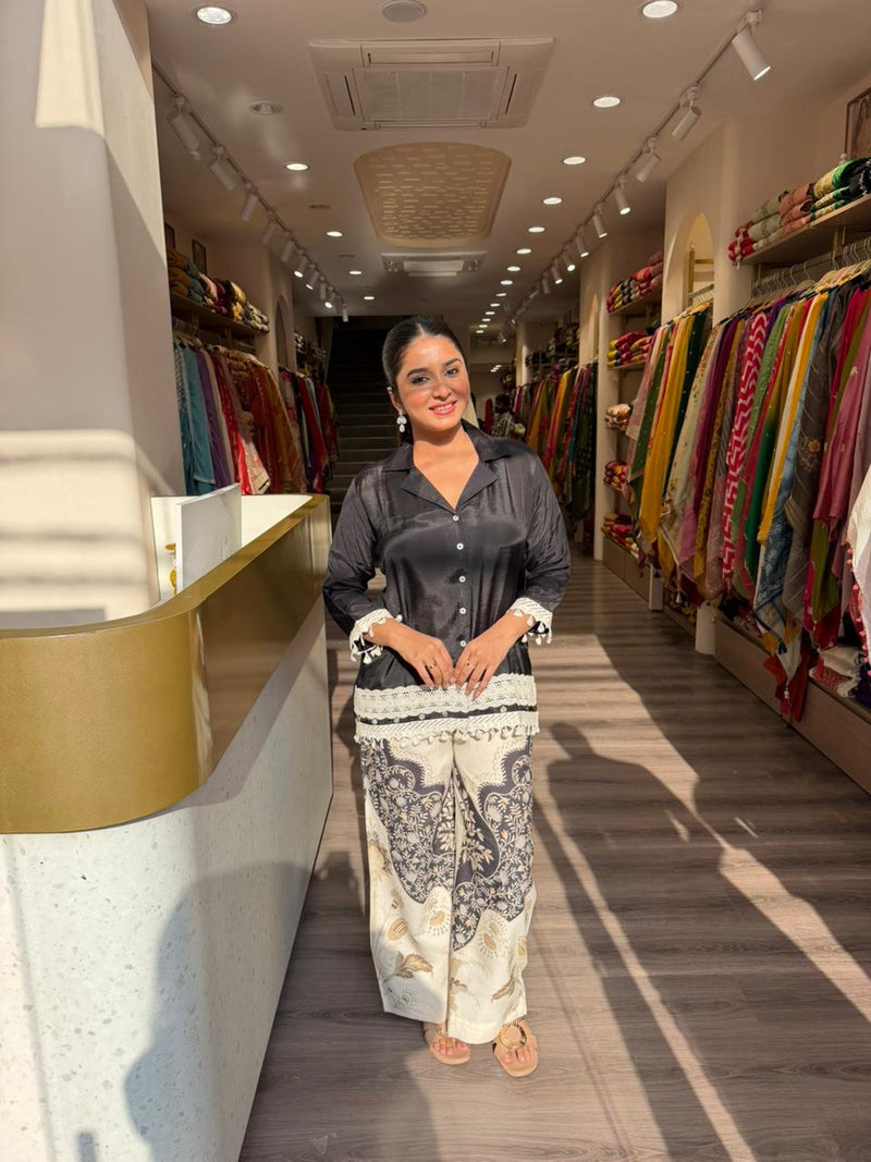 Black Printed Kurta Set with Contrast Ethnic Bottom – Stylish Fusion Wear for Women