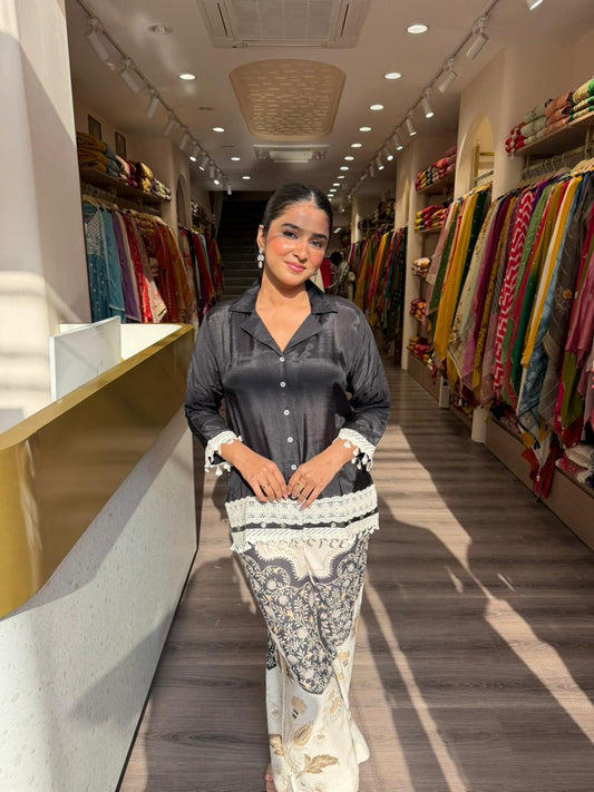 Black Printed Kurta Set with Contrast Ethnic Bottom – Stylish Fusion Wear for Women