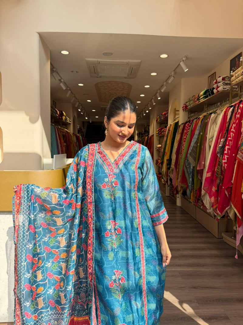 Teal Blue Floral Printed Kurta Set with Dupatta – Elegant Ethnic Wear for Women