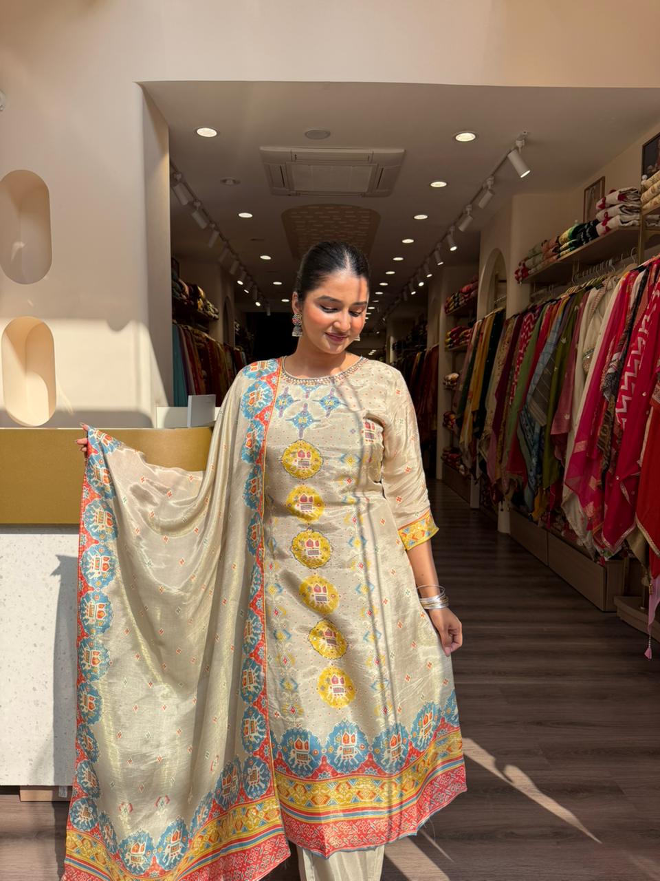 Beige Printed Kurta Set with Dupatta – Multicolor Ethnic Motif Design