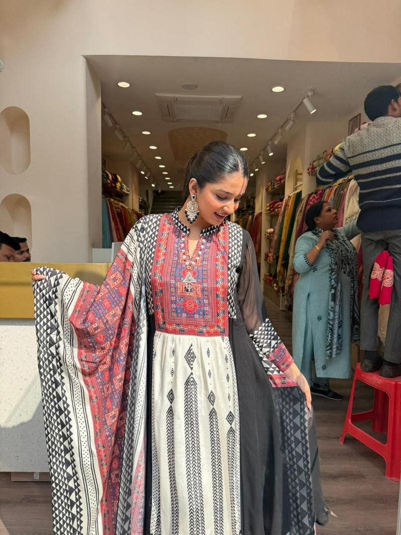 Black & Ivory Printed Kurta Set with Dupatta – Ethnic Elegance with Multicolor Embroidered Yoke