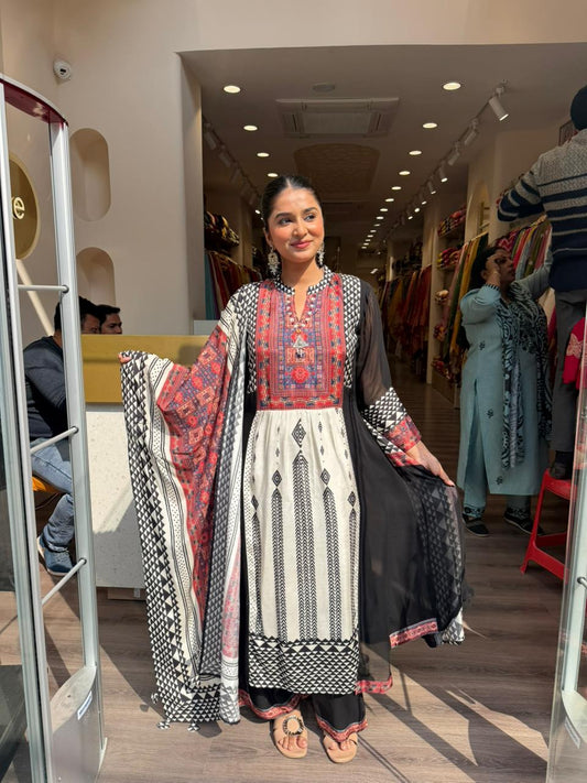 Black & Ivory Printed Kurta Set with Dupatta – Ethnic Elegance with Multicolor Embroidered Yoke