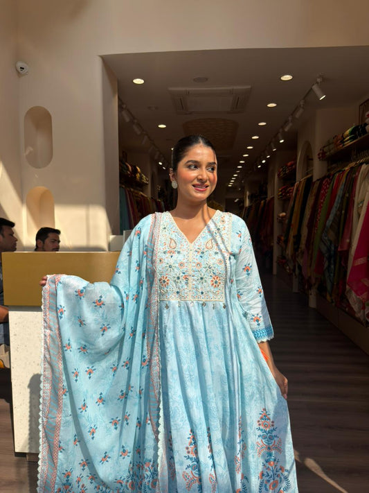 Elegant Sky Blue Printed Anarkali Set with Dupatta – Graceful Festive & Casual Wear for Women