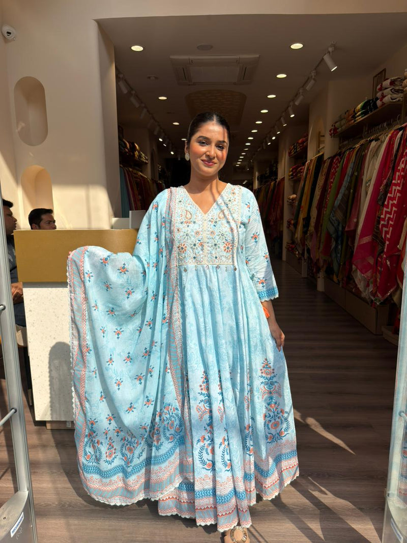 Elegant Sky Blue Printed Anarkali Set with Dupatta – Graceful Festive & Casual Wear for Women