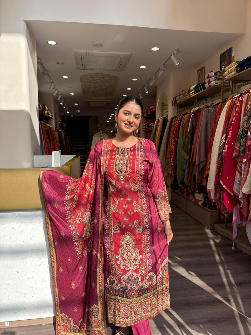 Royal Maroon Printed Kurta Set with Dupatta – Traditional Elegant Ethnic Wear for Women