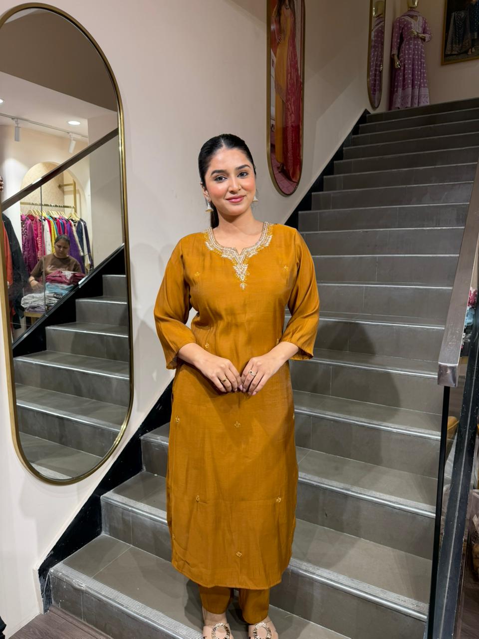 Elegant Mustard Embroidered Kurta Set for Women – Minimal Festive Ethnic Wear