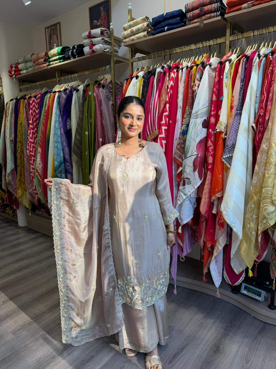 Elegant Beige Embroidered Kurta Set with Dupatta for Women – Festive Ethnic Wear