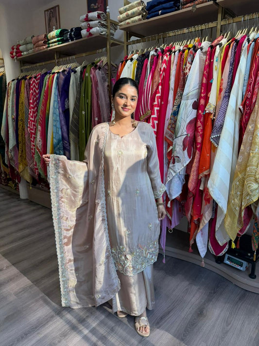 Elegant Beige Embroidered Kurta Set with Dupatta for Women – Festive Ethnic Wear