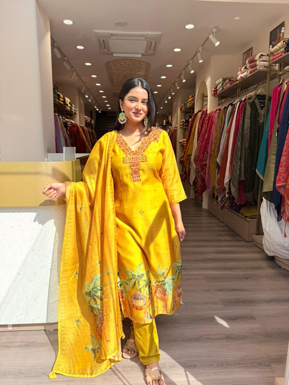 Elegant Mustard Yellow Printed Kurta Set with Dupatta for Women