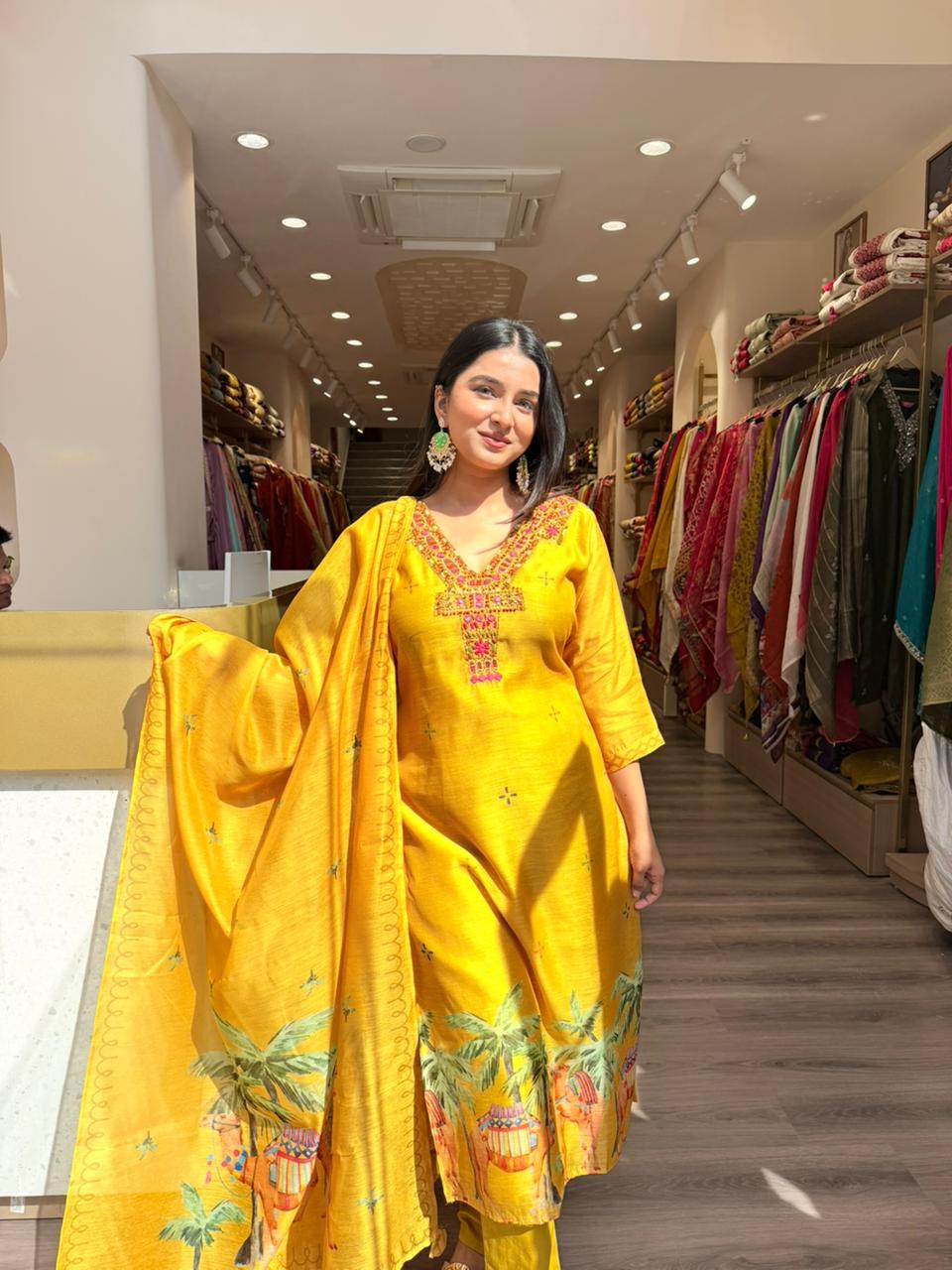 Elegant Mustard Yellow Printed Kurta Set with Dupatta for Women