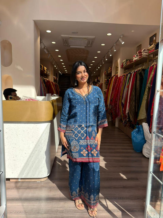 Elegant Teal Blue Printed Kurta Set for Women – Ethnic Casual Wear