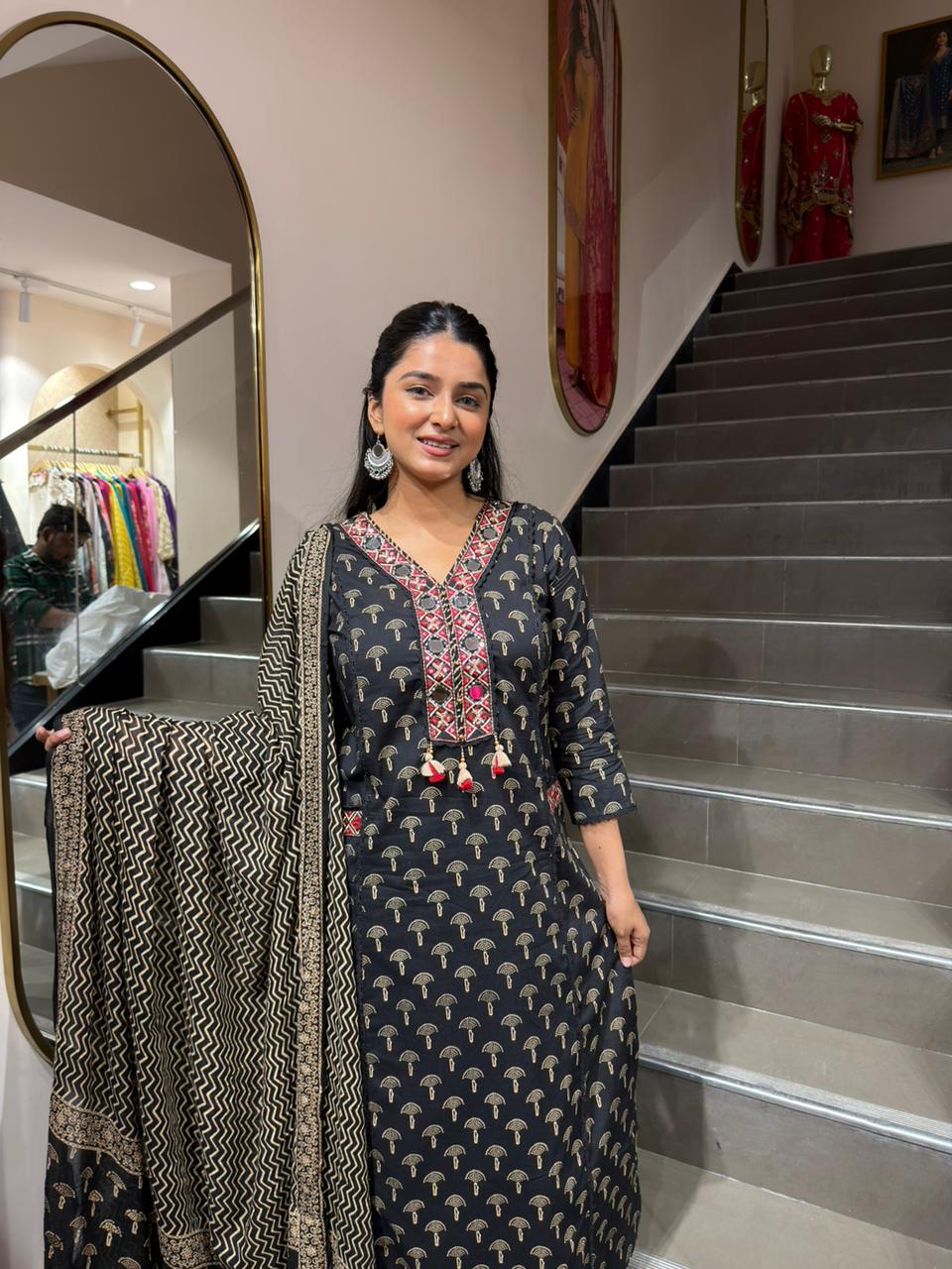 Elegant Black Ethnic Printed Kurta Set with Dupatta for Women