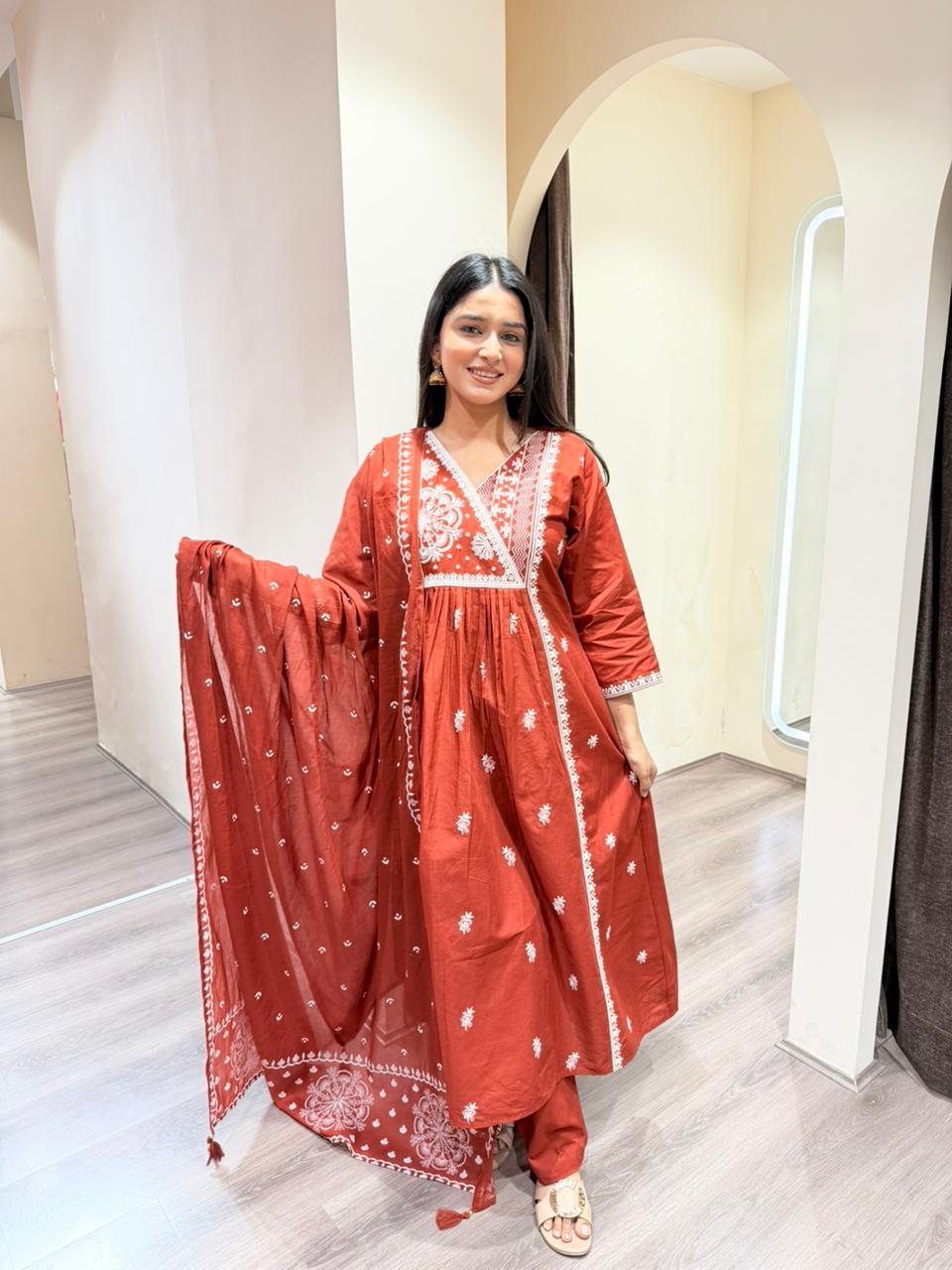 Rust Red Embroidered Kurta Set with Dupatta for Women – Elegant Ethnic Wear