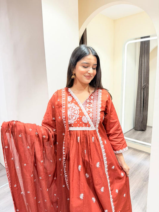 Rust Red Embroidered Kurta Set with Dupatta for Women – Elegant Ethnic Wear