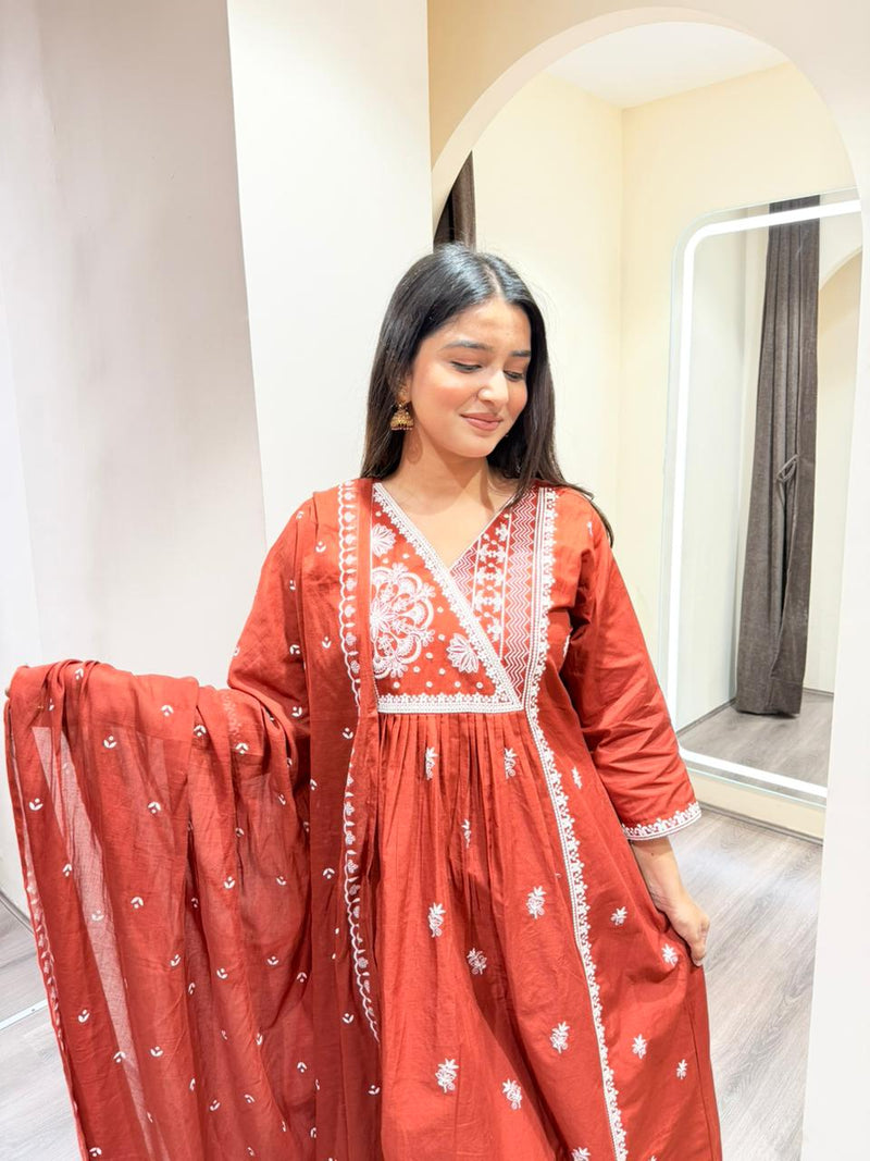 Rust Red Embroidered Kurta Set with Dupatta for Women – Elegant Ethnic Wear