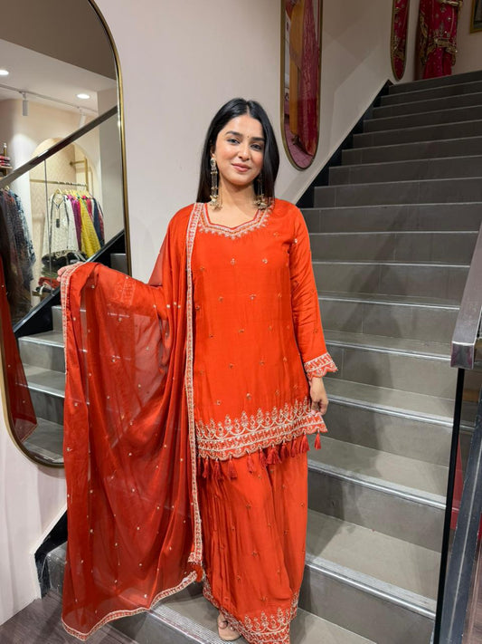 Elegant Rust Orange Embroidered Kurta Set with Dupatta for Women