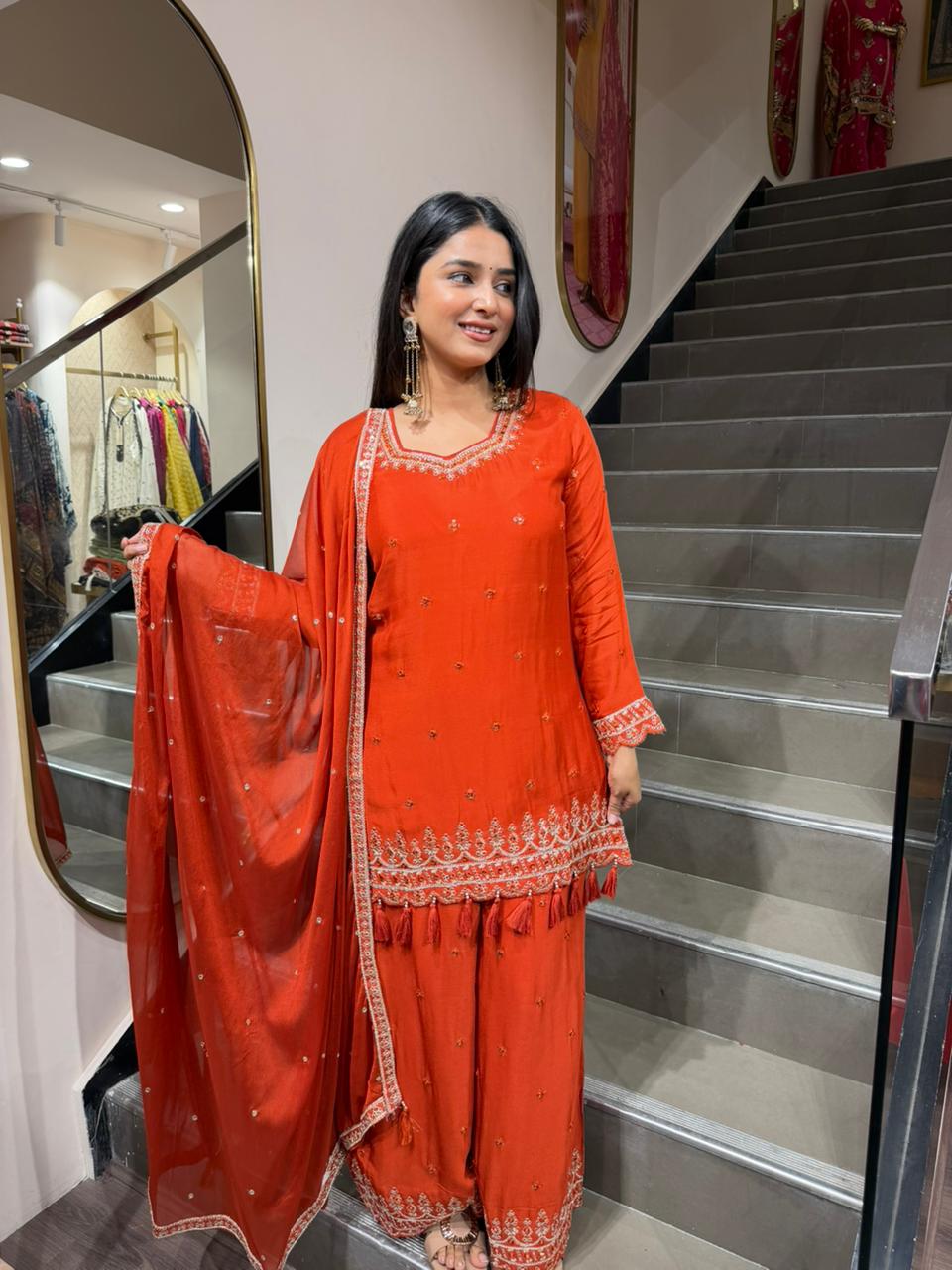 Elegant Rust Orange Embroidered Kurta Set with Dupatta for Women