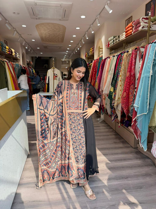 Elegant Black Printed Kurta Set with Ethnic Motifs & Dupatta for Women