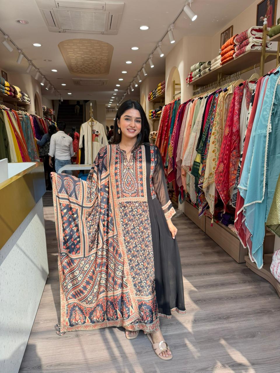 Elegant Black Printed Kurta Set with Ethnic Motifs & Dupatta for Women