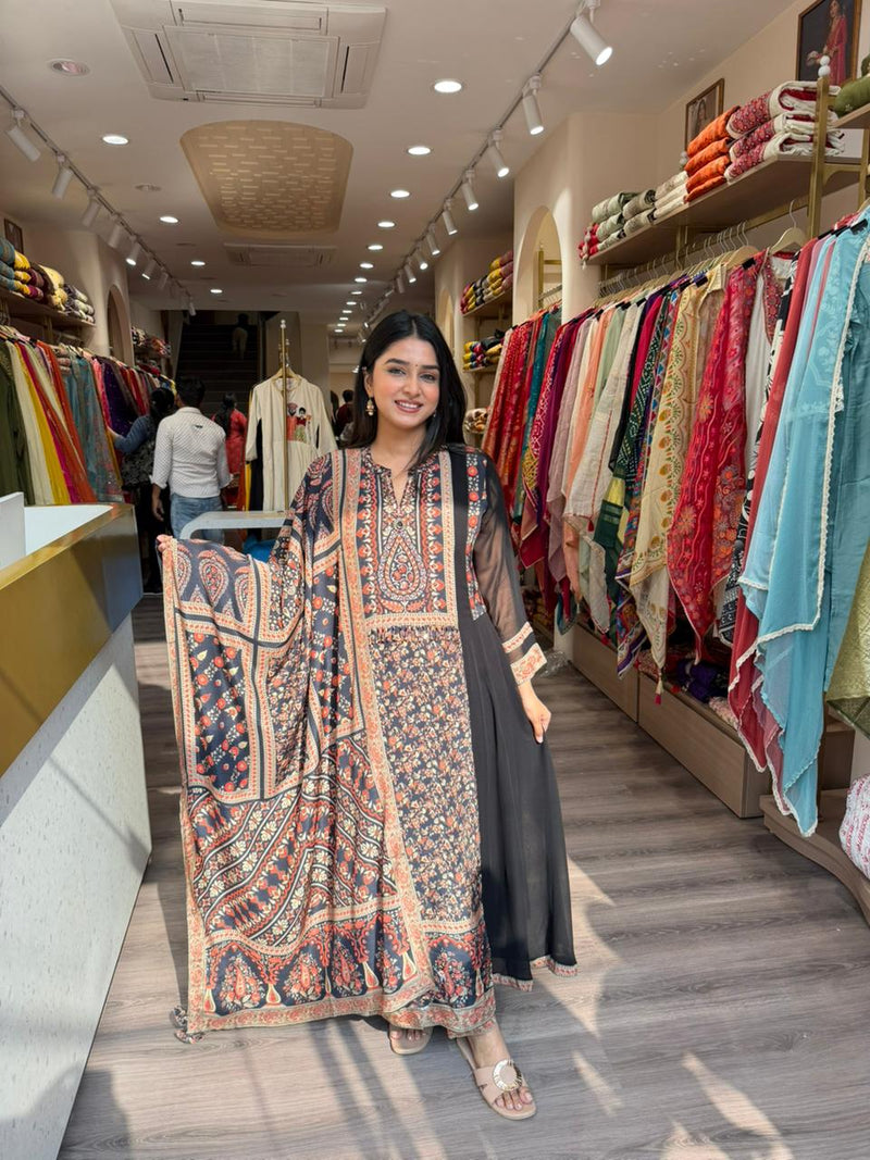 Elegant Black Printed Kurta Set with Ethnic Motifs & Dupatta for Women