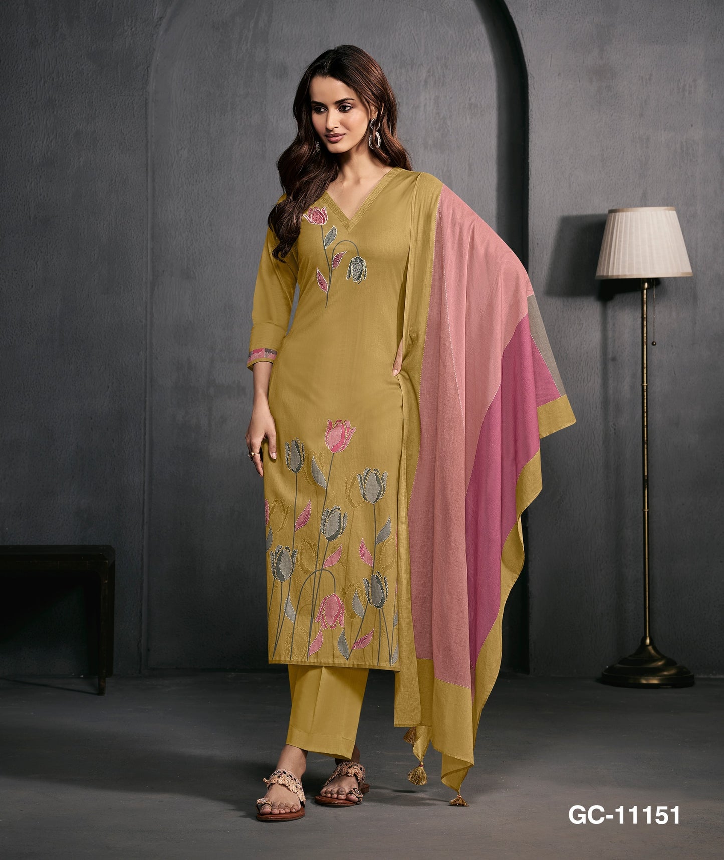 Mustard Floral Embroidered Kurta Set with Dupatta for Women | Elegant Ethnic Suit