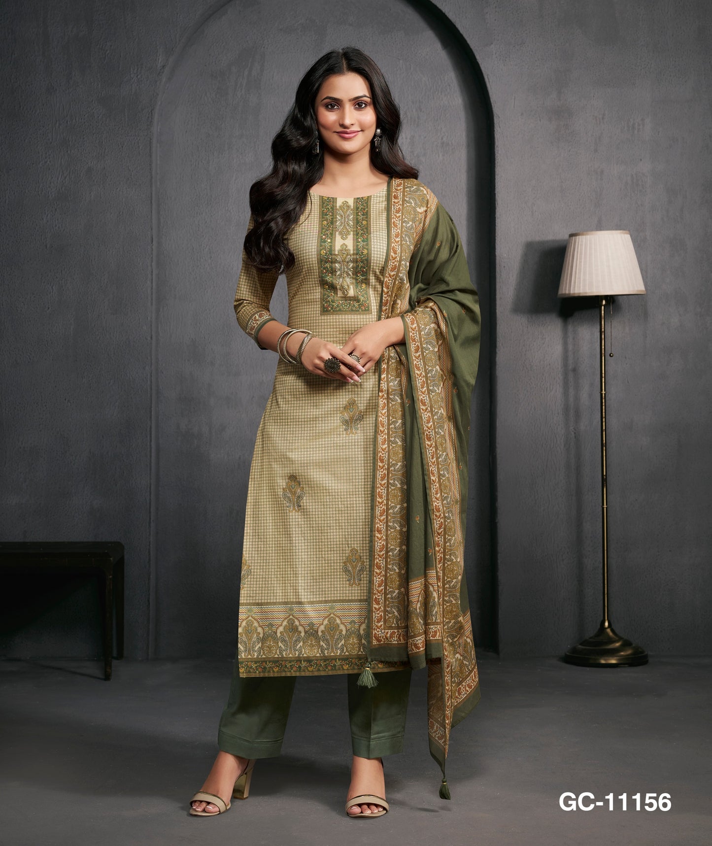 Olive Green & Beige Printed Kurta Set with Dupatta for Women | Elegant Festive Ethnic Wear