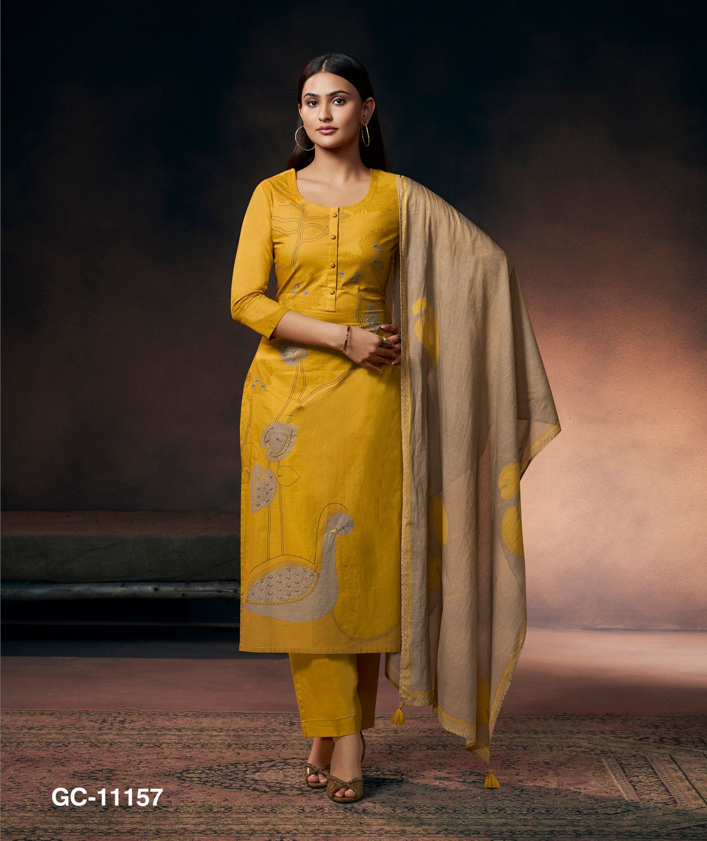 Mustard Yellow Printed Kurta Set with Dupatta for Women | Elegant Festive Ethnic Wear