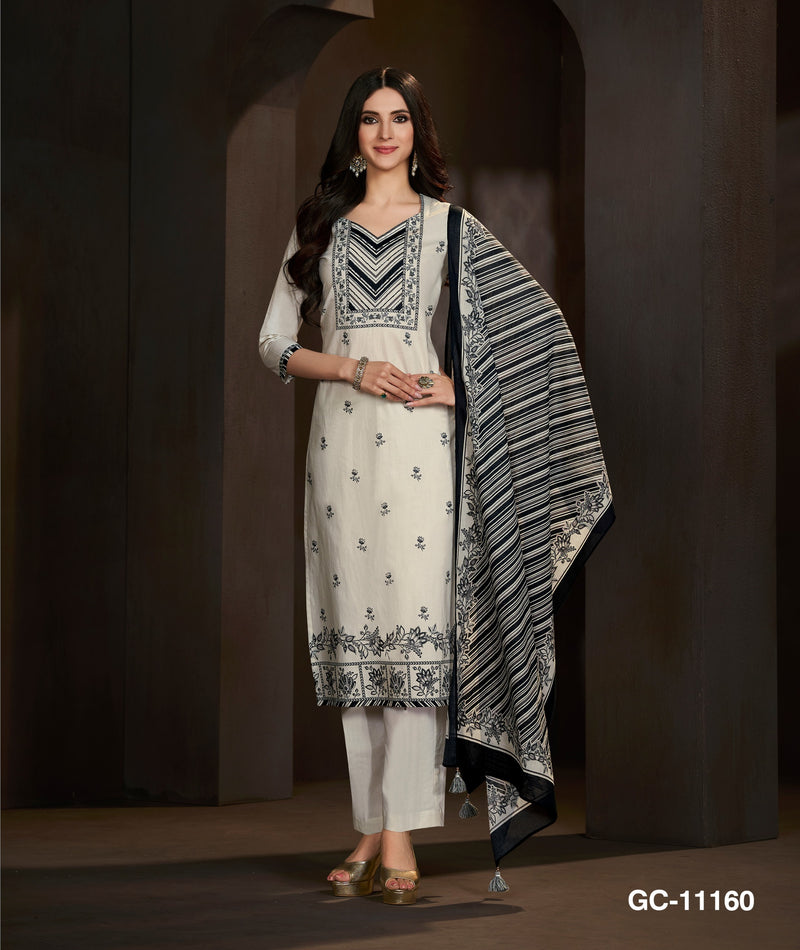 Off-White & Black Printed Kurta Set with Dupatta for Women | Elegant Monochrome Ethnic Wear