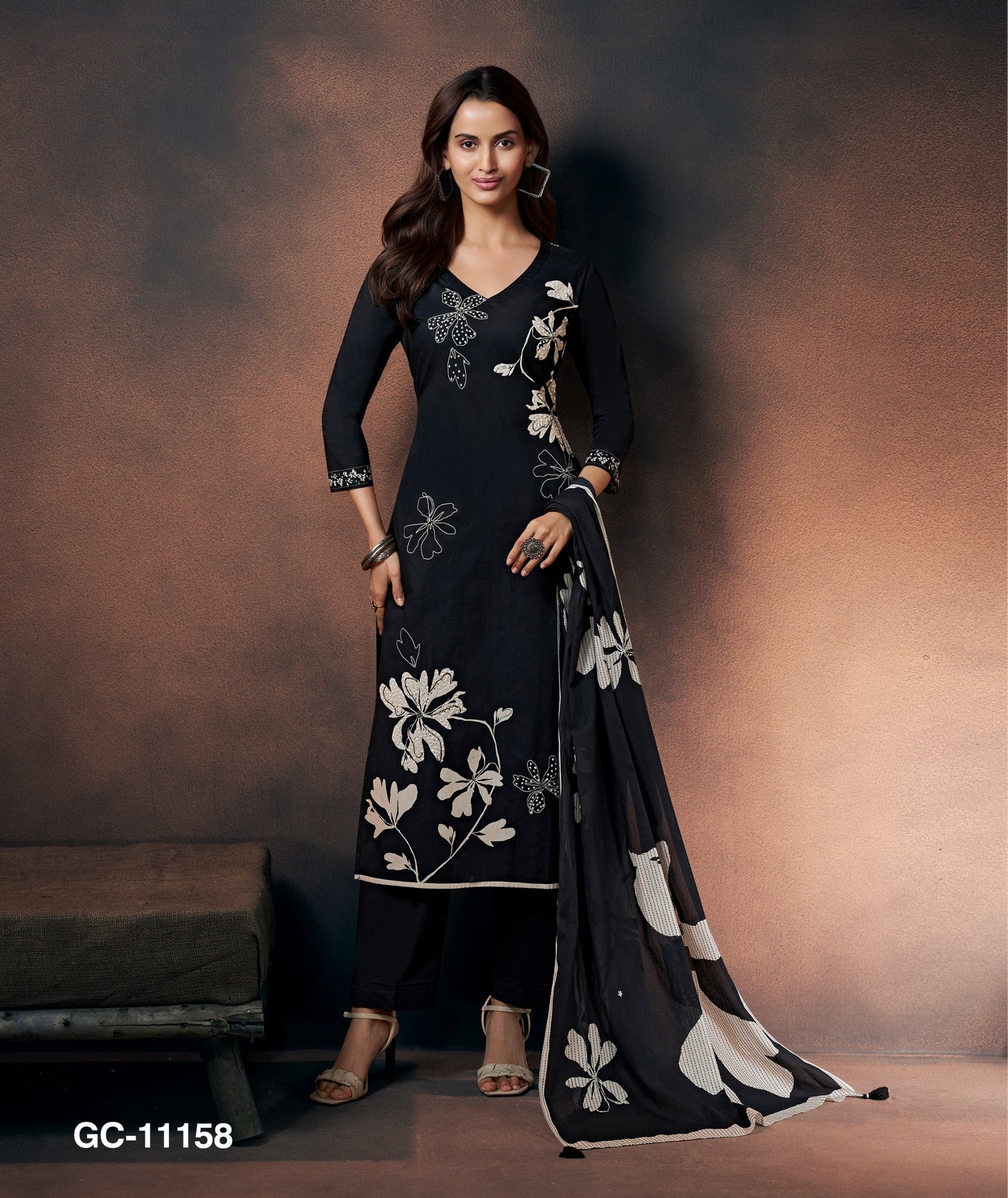 Black & Beige Floral Printed Kurta Set with Dupatta for Women | Elegant Party & Festive Wear