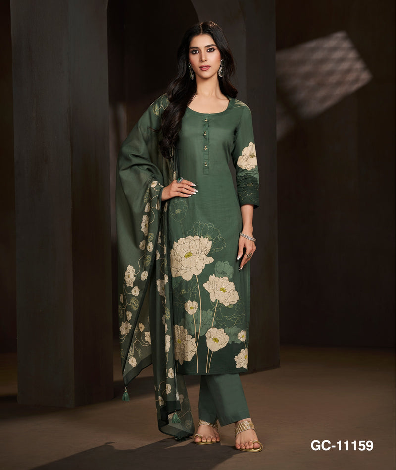 Deep Green Floral Printed Kurta Set with Dupatta for Women | Elegant Festive Ethnic Wear