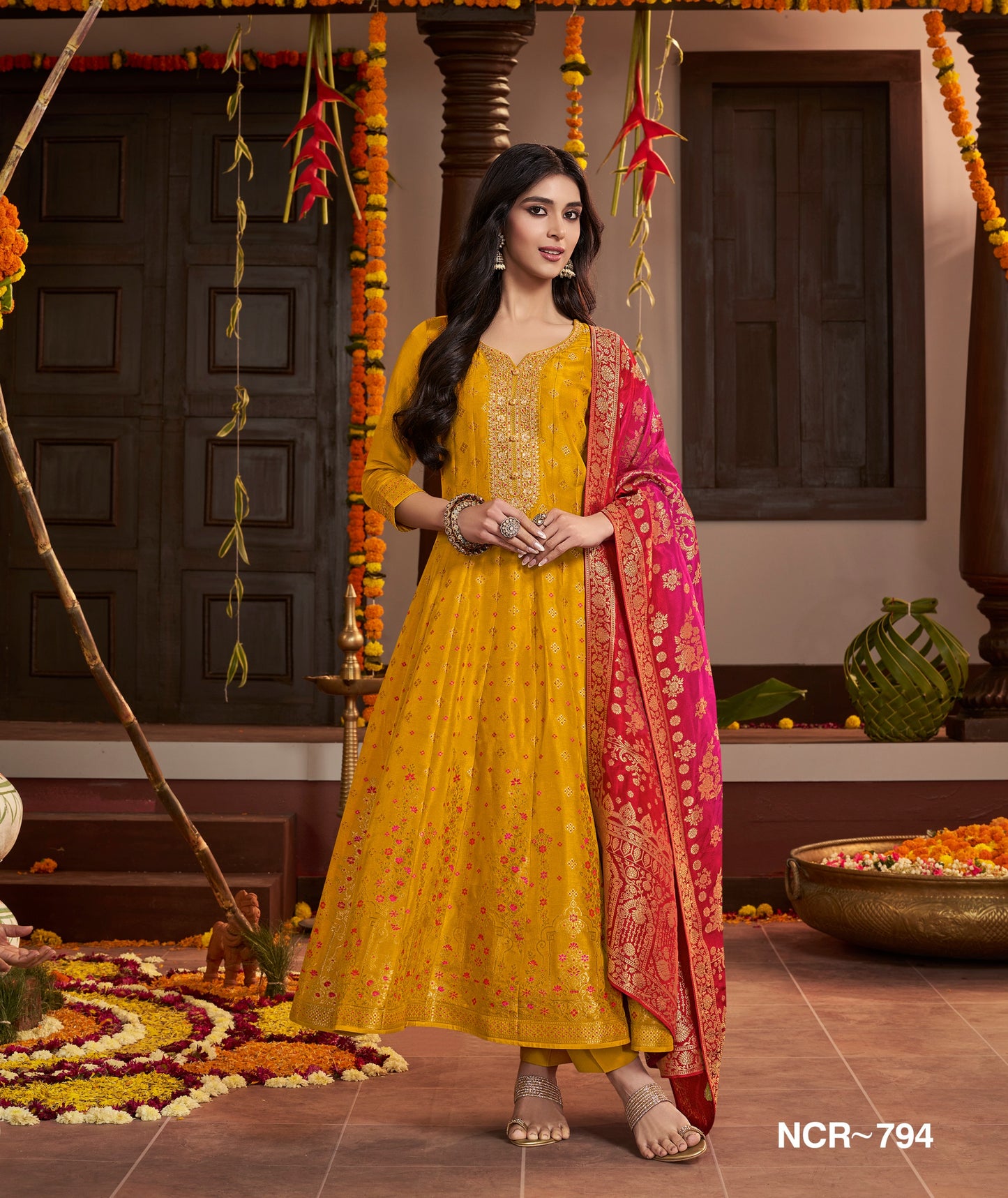 Mustard Yellow Anarkali Kurta Set for Women with Pink Dupatta | Festive Wedding Ethnic Wear Suit