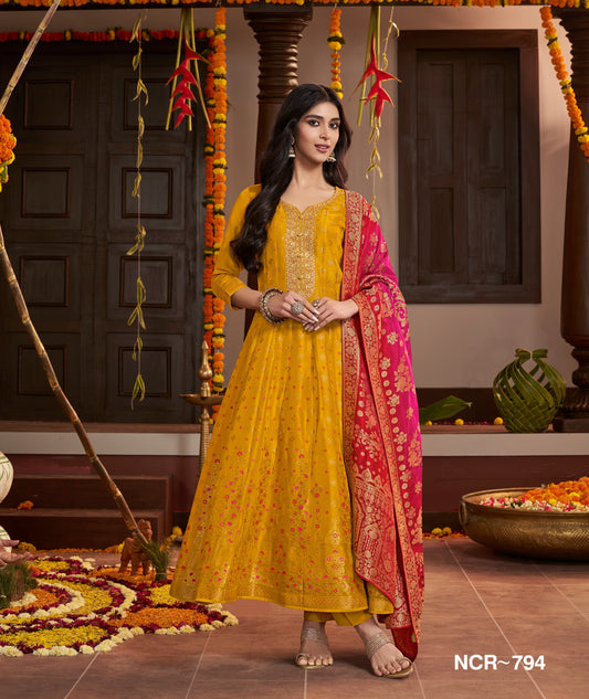 Mustard Yellow Anarkali Kurta Set for Women with Pink Dupatta | Festive Wedding Ethnic Wear Suit