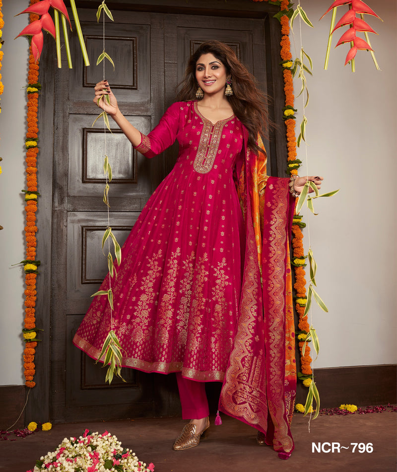 Women Pink Embroidered Anarkali Kurta Pant Dupatta Set | Festive Ethnic Wear Suit for Women