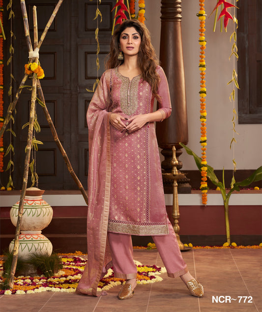 Rose Pink Embroidered Straight Cut Salwar Suit with Net Dupatta – Festive & Wedding Wear Ethnic Suit for Women