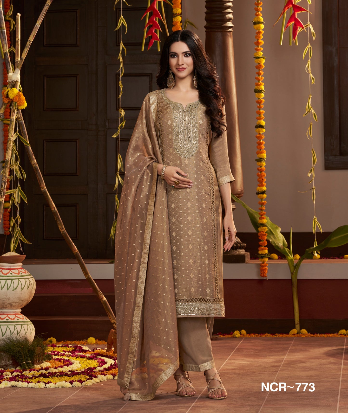 Beige Embroidered Women Salwar Suit Set with Dupatta – Elegant Festive Ethnic Kurta Set