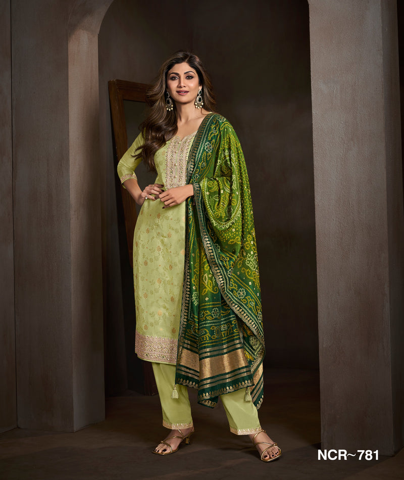 Pistachio Green Embroidered Salwar Suit with Dark Green Bandhani Dupatta – Festive & Wedding Wear Ethnic Suit for Women